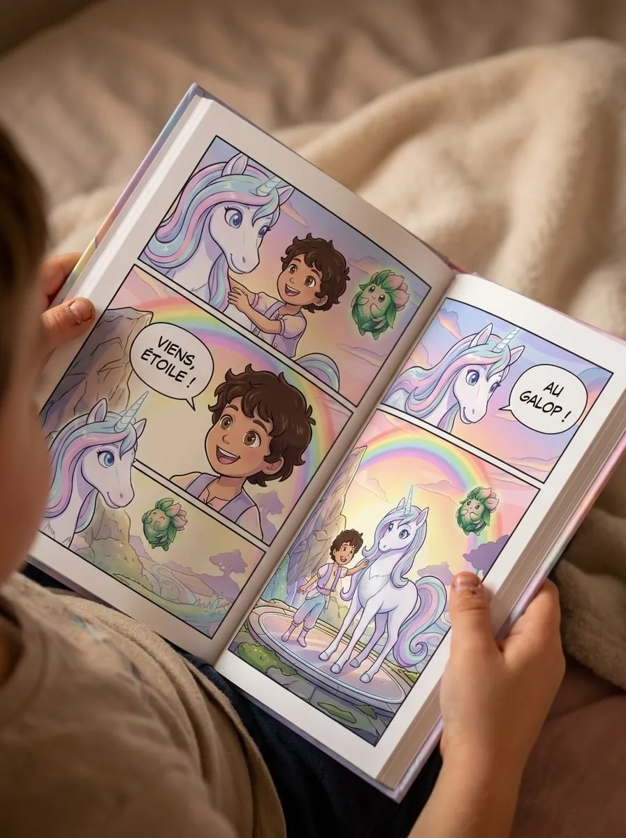 Un enfant lit sa BD personnalisée
